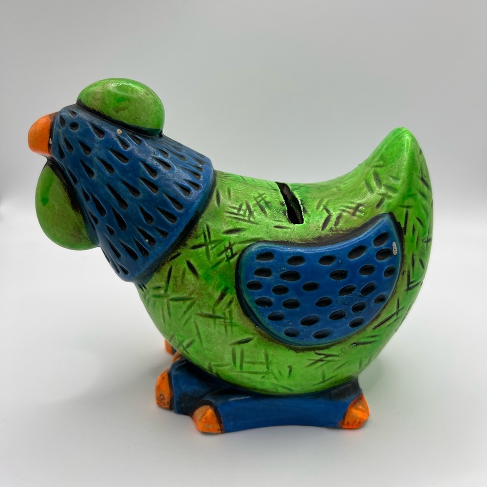 Colorful Green & Orange Chicken Hen Slot Coin Piggy Bank Figurine Collectible